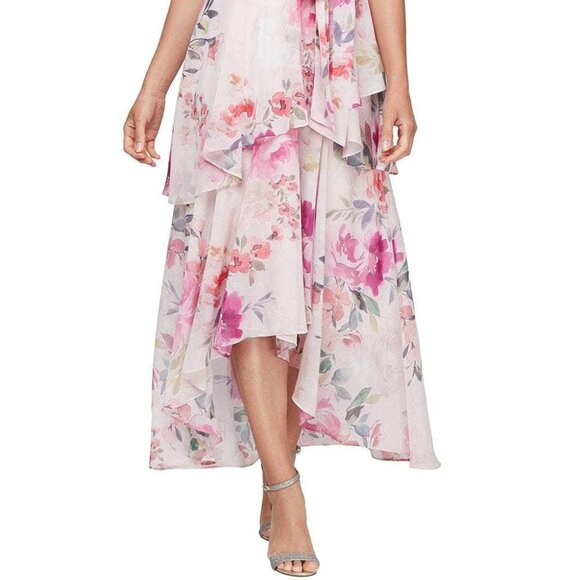 SL Fashions Women's Floral-Print Chiffon High-Low Dress Pink /White Size 10 - Picture 3 of 4